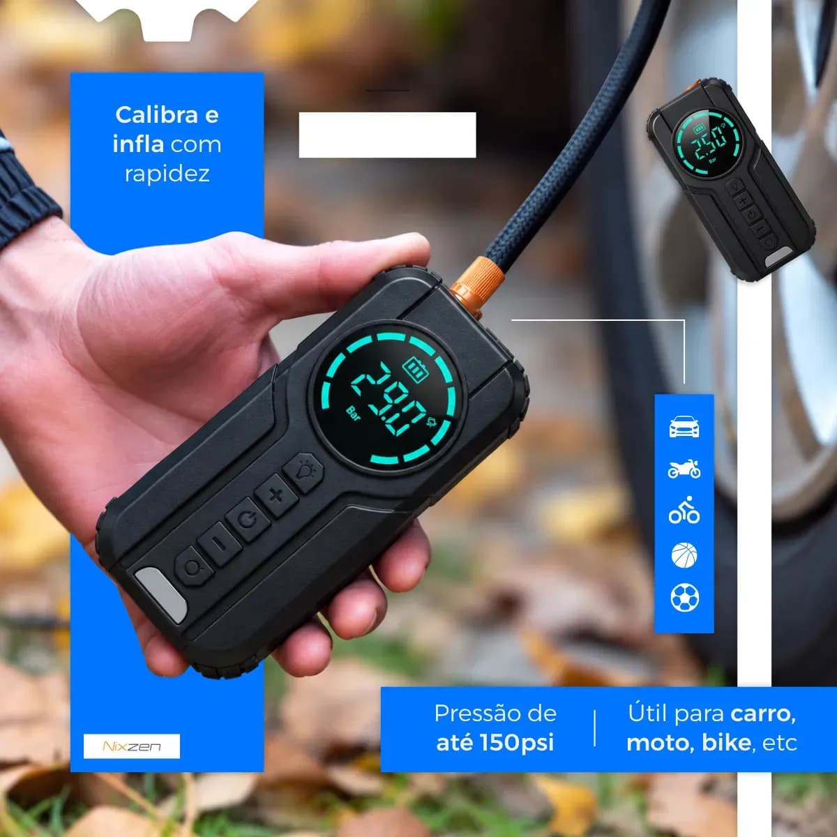 AuxiIiar de Partida Carregador Bateria Com Compressor De Ar Portátil VeicuIar Emergência 6 em 1 InteIigente Digital 12V CaIibrador Pneu Automotivo Lanterna LED  — imagem 3