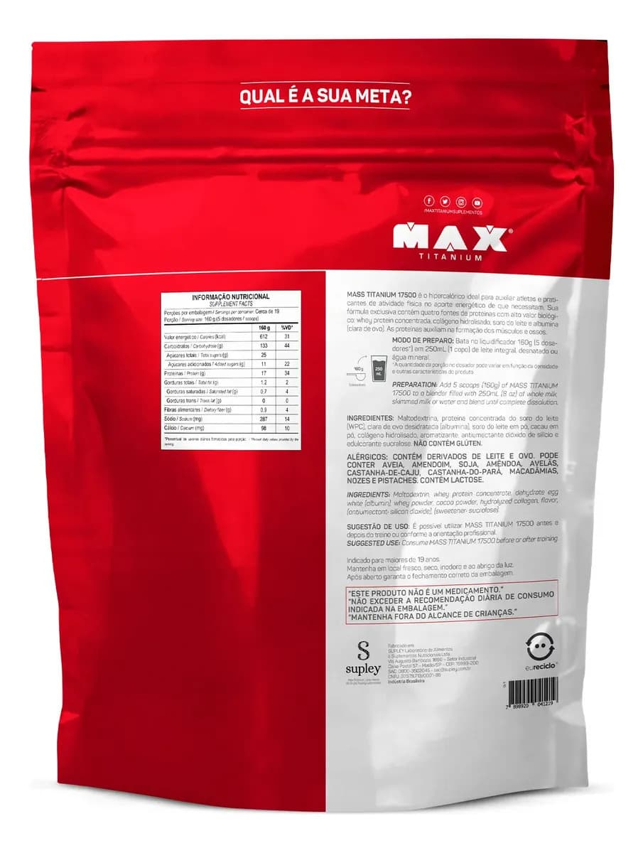 Suplemento em pó Max Titanium Mass Titanium Refil 17500 Carboidratos sabor Chocolate x 3kg — imagem 3