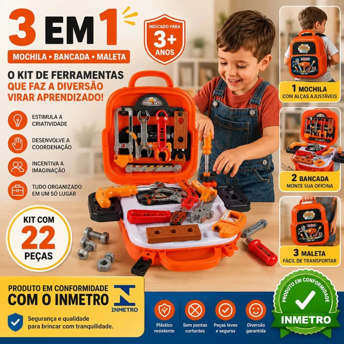 Kit Ferramentas Infantil 3 em 1 Pratitudo Toys com 22 Peças – Vira Mochila e Bancada — imagem 3