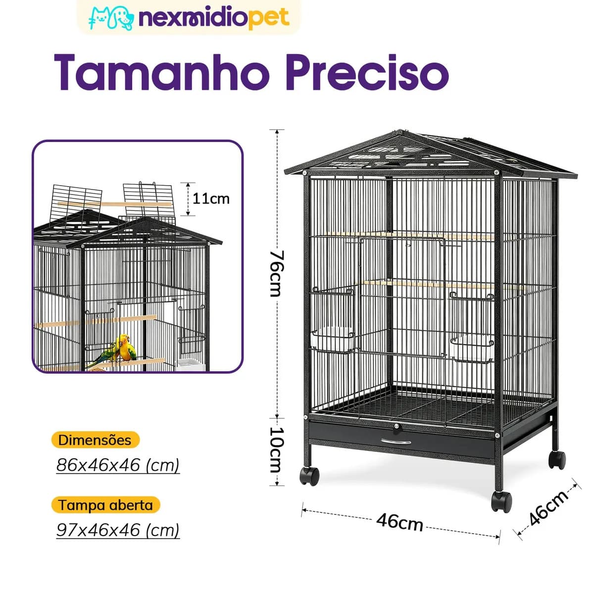 Gaiola viveiro para calopsitas periquito de colar 97x46x46cm Nexmidiopet preto — imagem 2