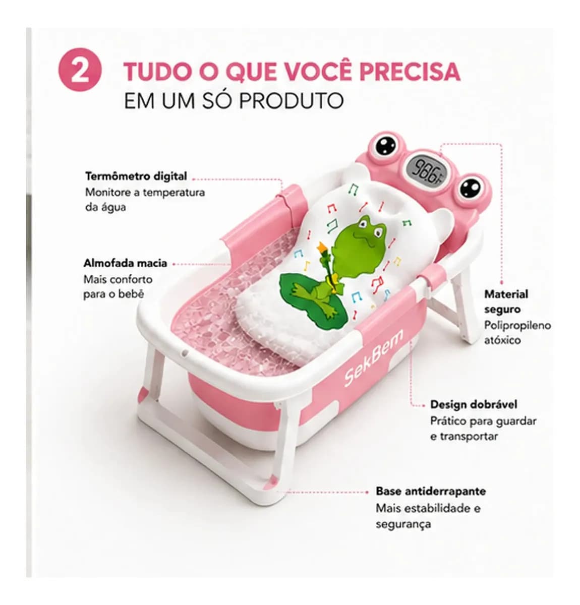 Banheira Bebê Dobrável Flexível Com Termômetro E Almofada de Banho Cor Rosa — imagem 2