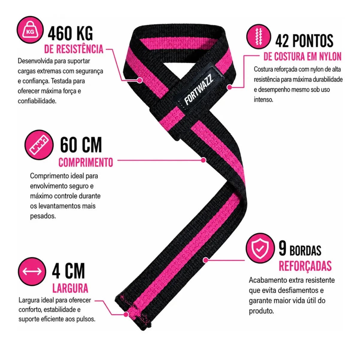 Tala Strap Musculação 100% Algodão Crossfit Cor Tala Strap Preto/rosa Fortwazz ZZ50 — imagem 3