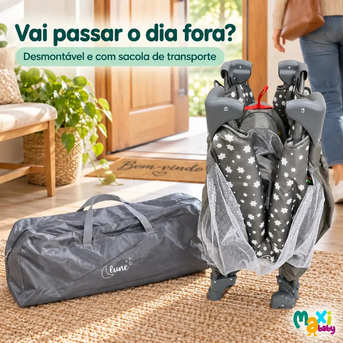 Berço Portátil Infantil Cercado Desmontável Lune Maxi Baby - CINZA — imagem 6