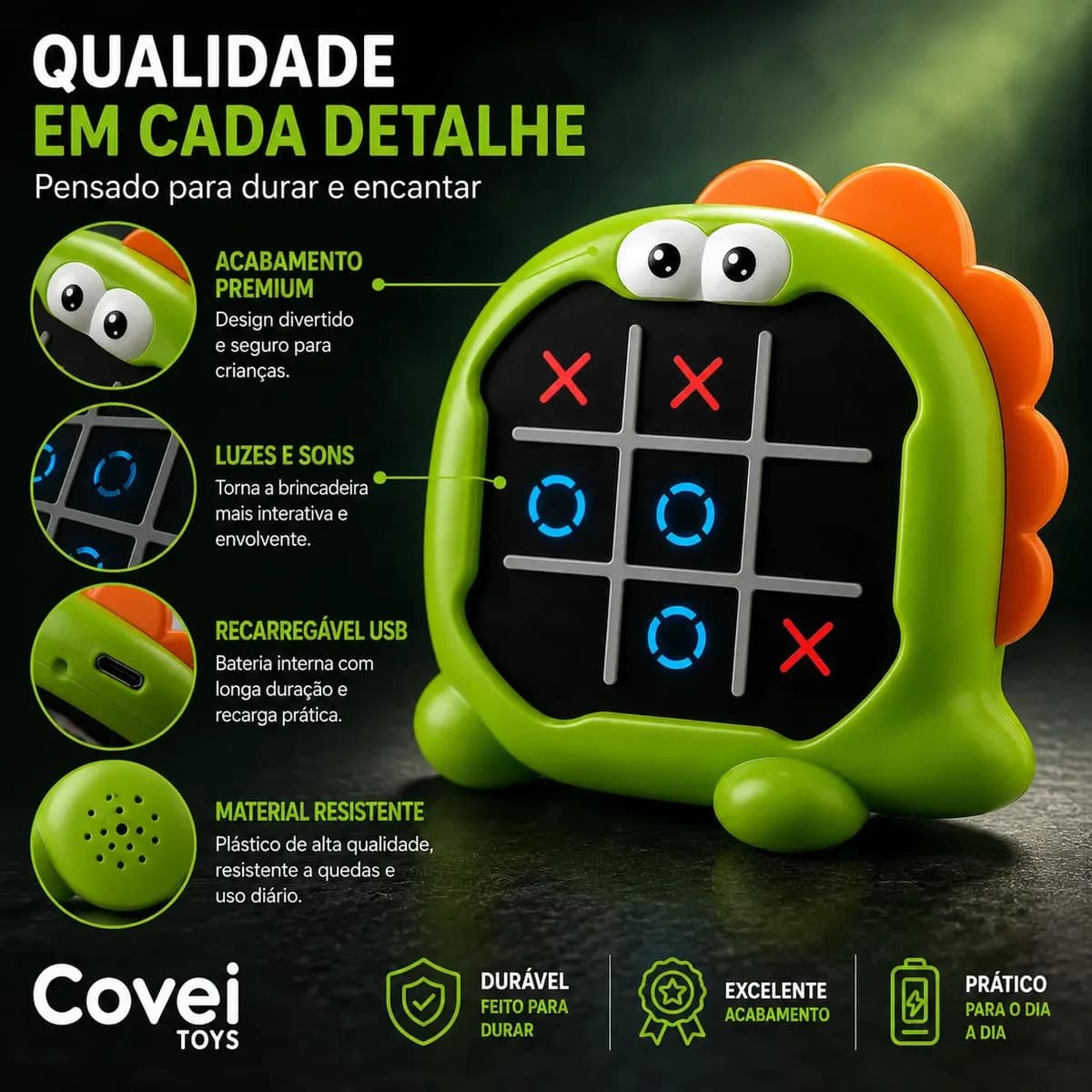 Brinquedo Jogo Da Velha Eletrônico Portátil Tic Tac Toe Puzzle 3 em 1 Game Recarregavel Usb Dinossauro Covei Toys — imagem 5