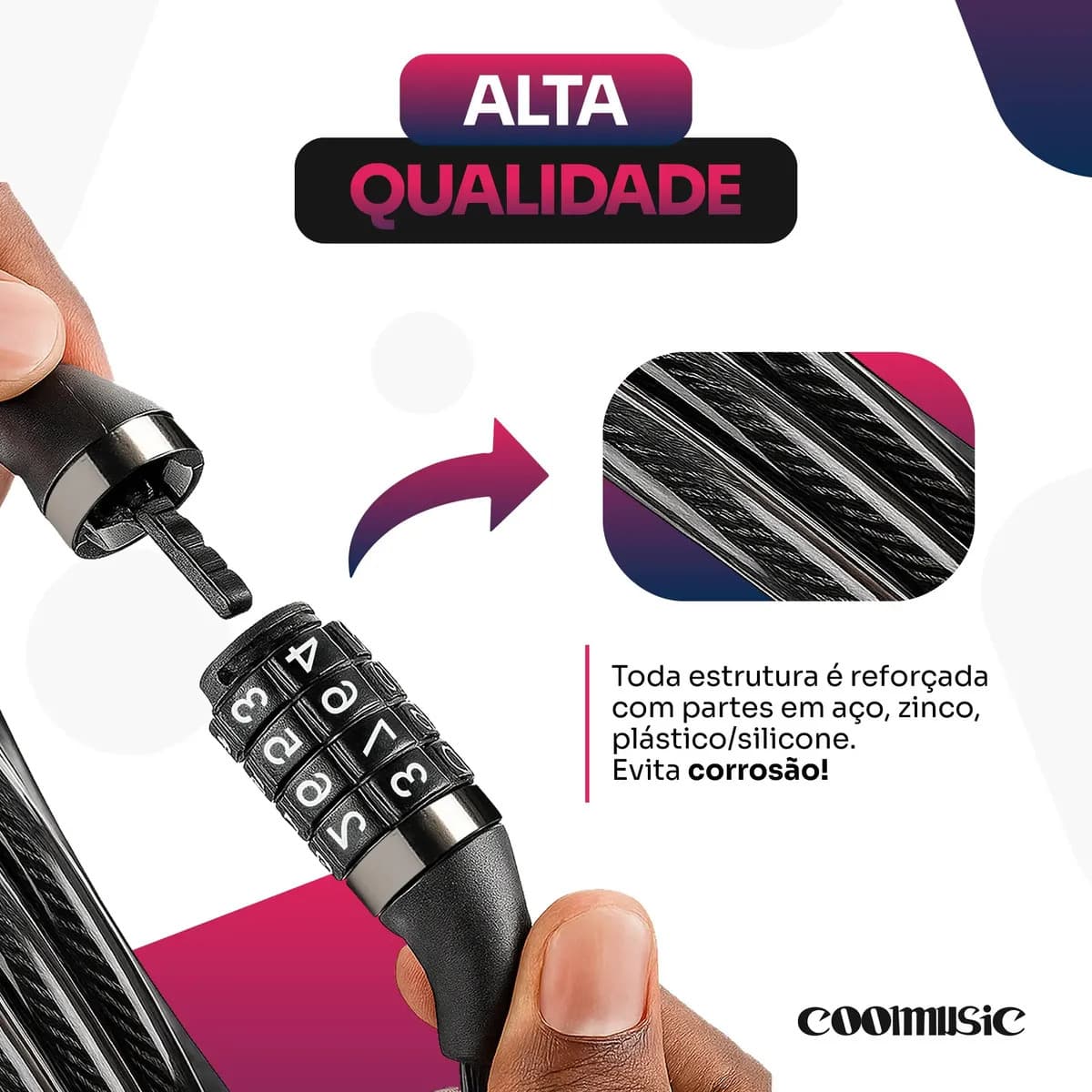 Cadeado Bicicleta Antifurto Trava Com Senha Aço Reforçado Para Bike Moto Corrente Portão Coolmusic Cor Preto — imagem 3