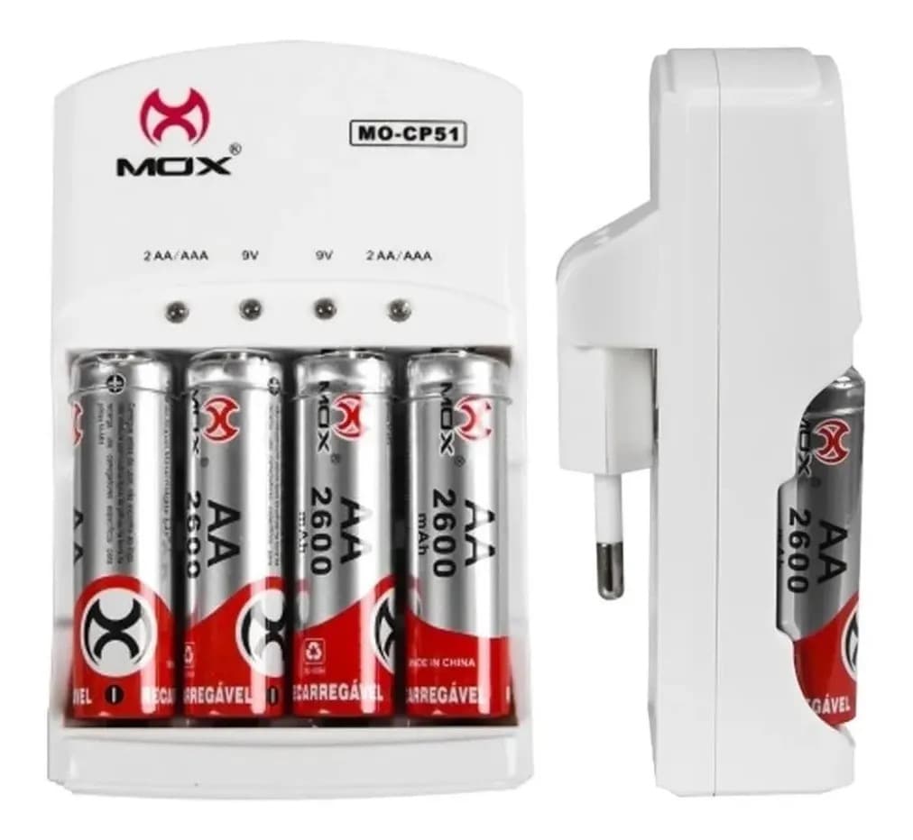 Carregador de Pilhas AA AAA 9V Bivolt MOX com 4 Pilhas Recarregáveis — imagem 2