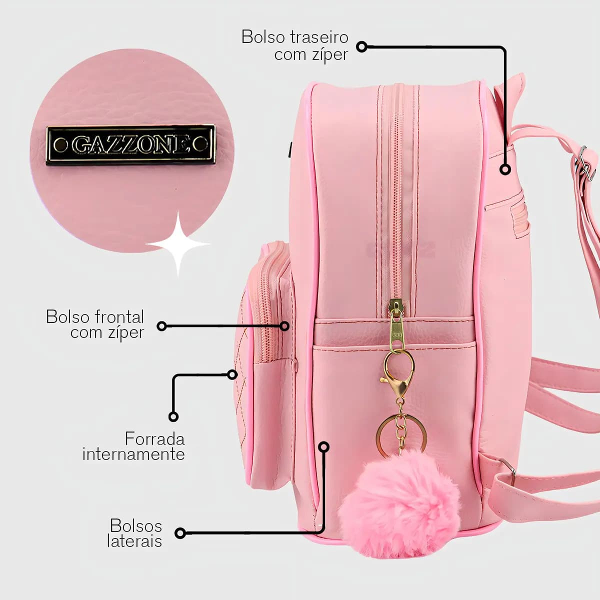 Mochila Passeio Feminina Gazzone Rosa-claro Couro Sintético Alça Ajustável — imagem 5