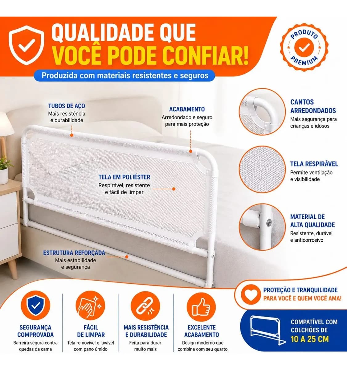 Grade de Proteção para Cama Infantil Pancadão Eletrônicos Branca Aço Dobrável — imagem 6