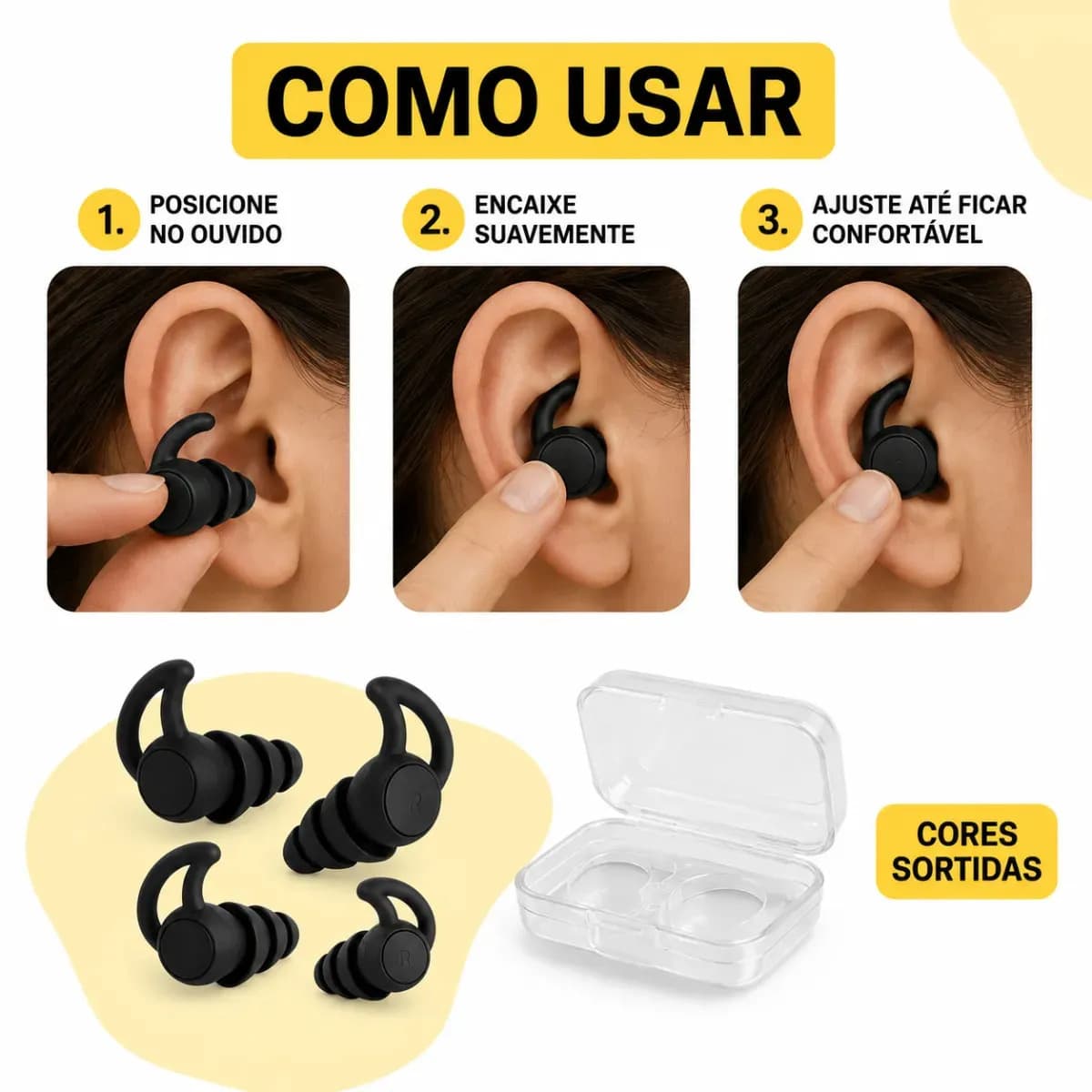 Kit 2 Pares Protetor Auricular Protetor de Ouvido Tampão Silicone Para Dormir Natação Ronco Estudar Trabalhar Viajar Lavável Reutilizável com Estojo BRY Macio A — imagem 3