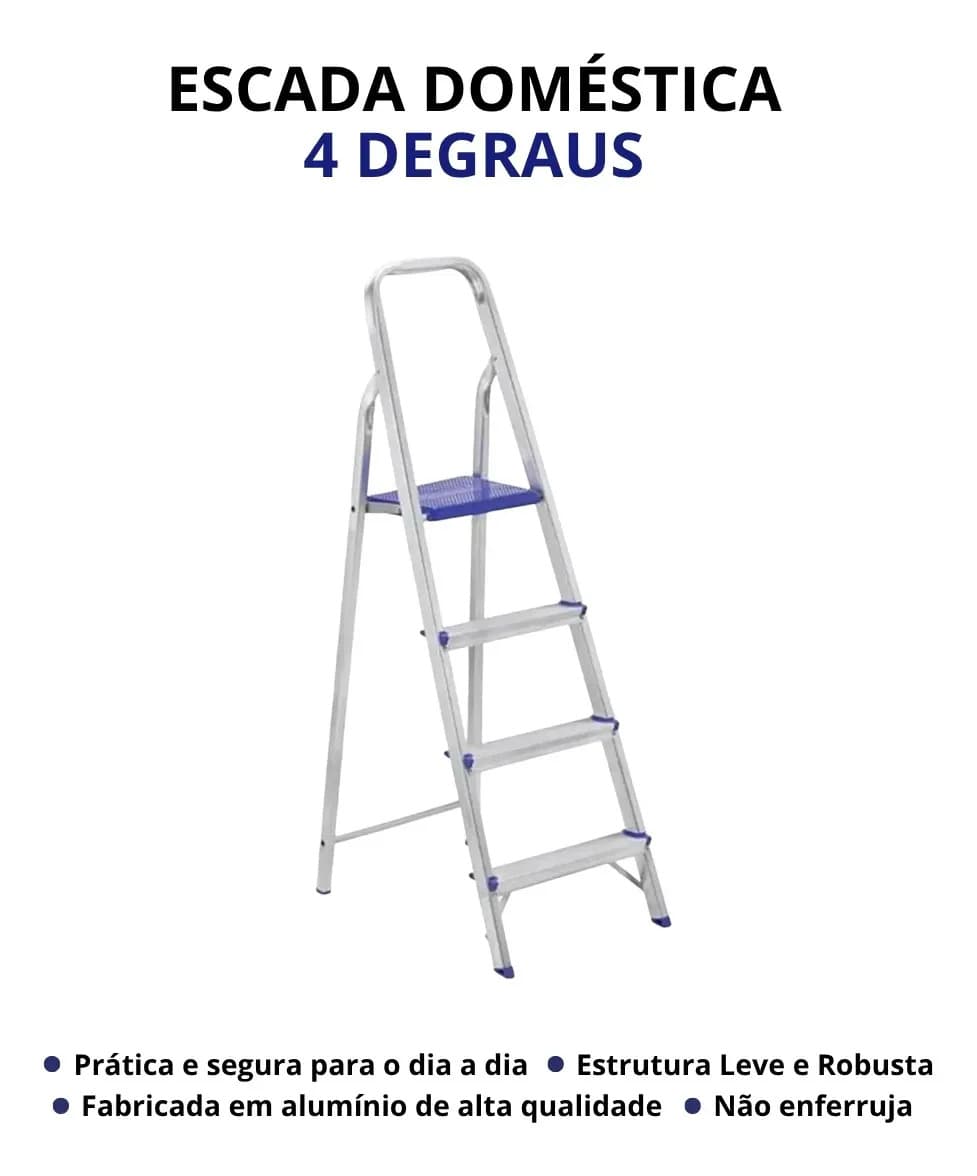 Escada Alumínio Doméstica 4 Degraus Reforçada Real Escadas Cor Prateado/Azul — imagem 2