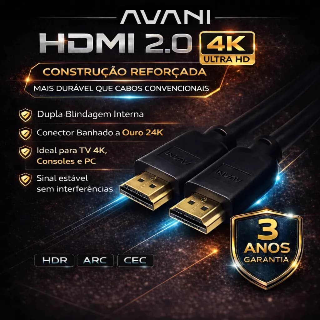 Cabo HDMI 1m Reforçado Dupla Blindagem Alta Durabilidade Versão 2.0 4K Ultra HD HDR ARC CEC Ethernet Conector Banhado a Ouro 1 metro — imagem 2
