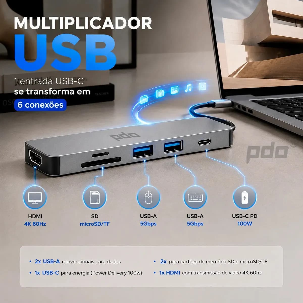 Hub USB-C 6 em 1 PDO com HDMI 4K e 3 Portas USB para Notebook, MacBook e iPad — imagem 4