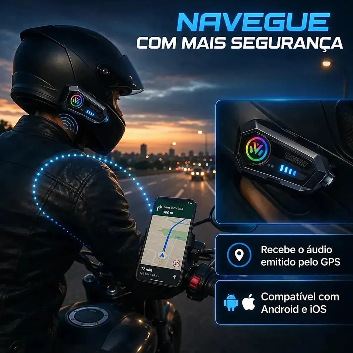 Fone De Ouvido Para Capacete Moto Bluetooth Motoboy Headset Rgb Sem Fio Comunicador Woosh — imagem 4