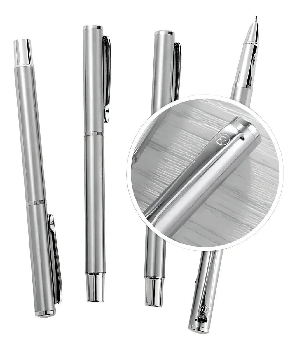 Caneta Prata Pena Tinteiro Presente Luxo Extra Fina 0,38mm — imagem 4