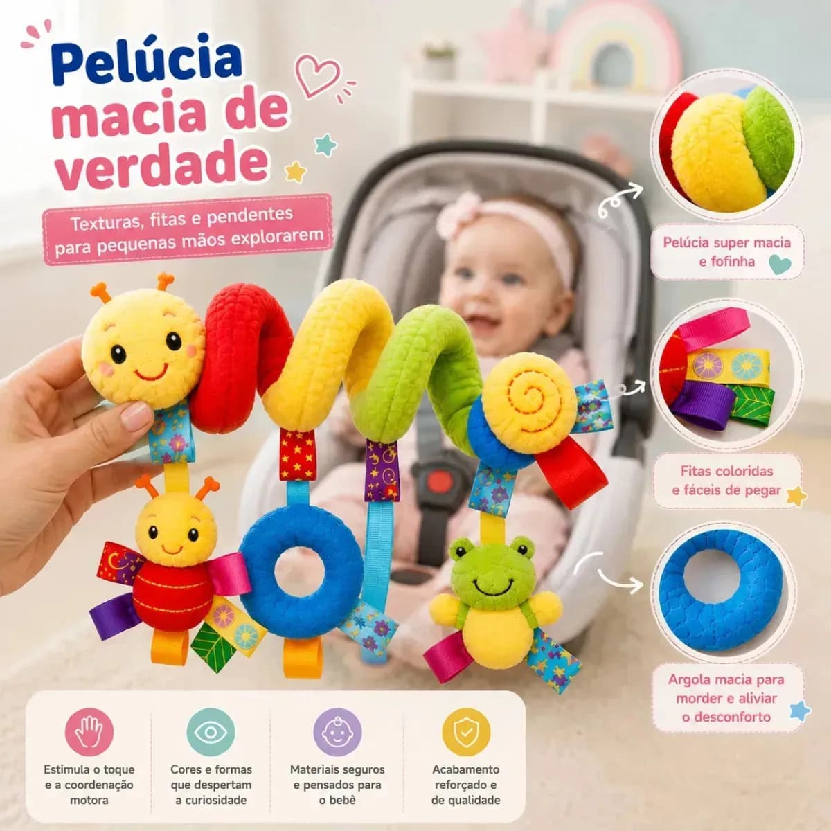 Centopéia Espiral Bichinho Pelúcia Brinquedo Carrinho Berço Bebê Conforto com Chocalho de Pendurar Sensorial Montessori Desenvolvimento Coordenação MLTM ECOM — imagem 2