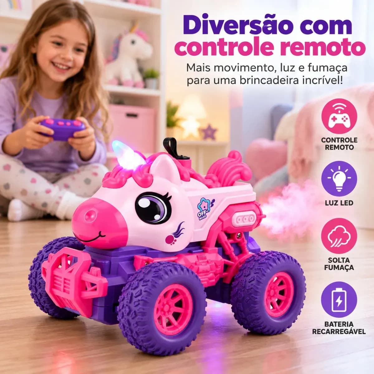 Carrinho De Controle Remoto Unicórnio Recarregável Com Luz LED Fumaça E Controle Sem Fio — imagem 2