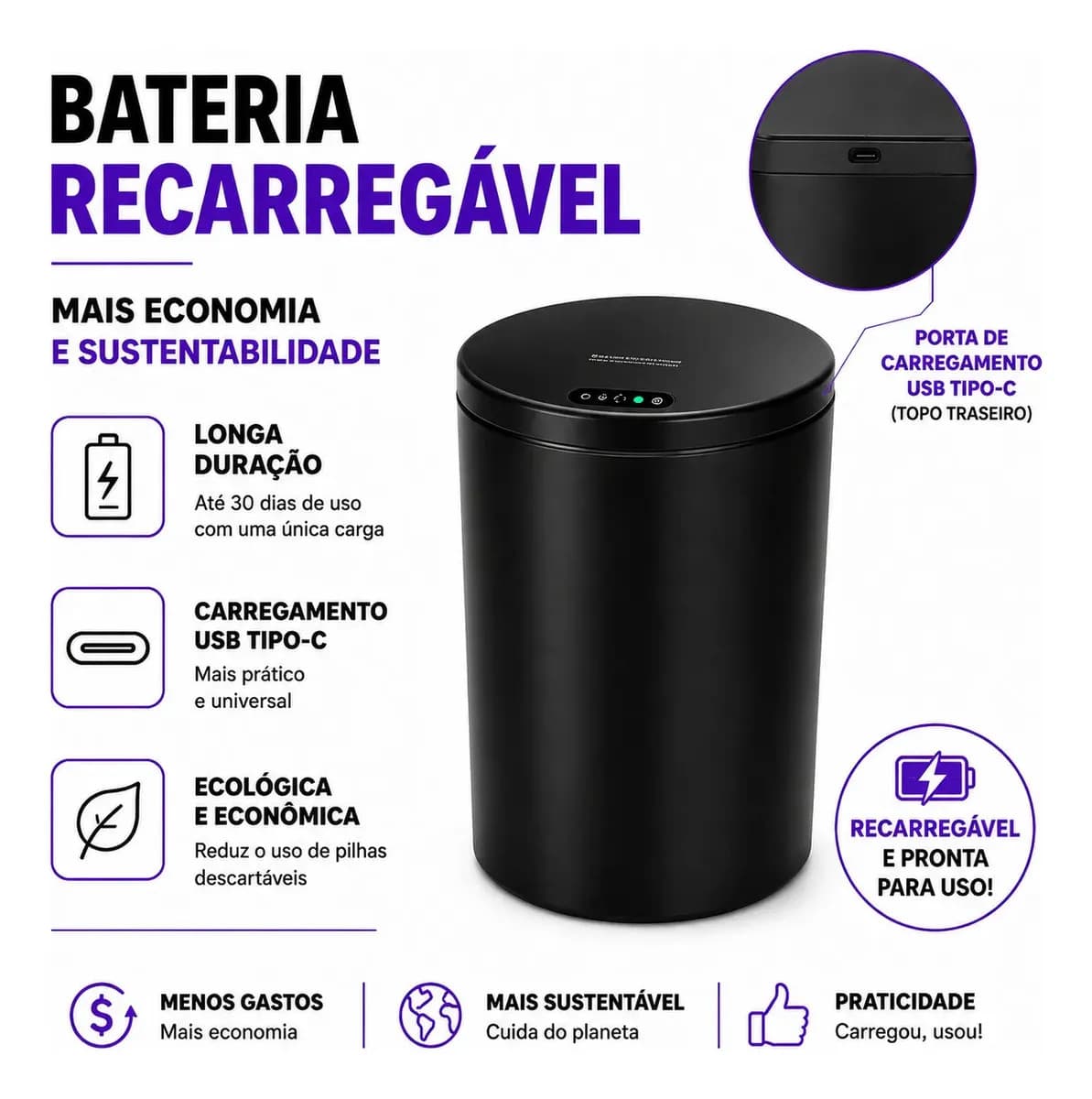 Lixeira Inteligente Automática Redonda Recarregável USB‐C Sensor para Cozinha Banheiro Escritório — imagem 4
