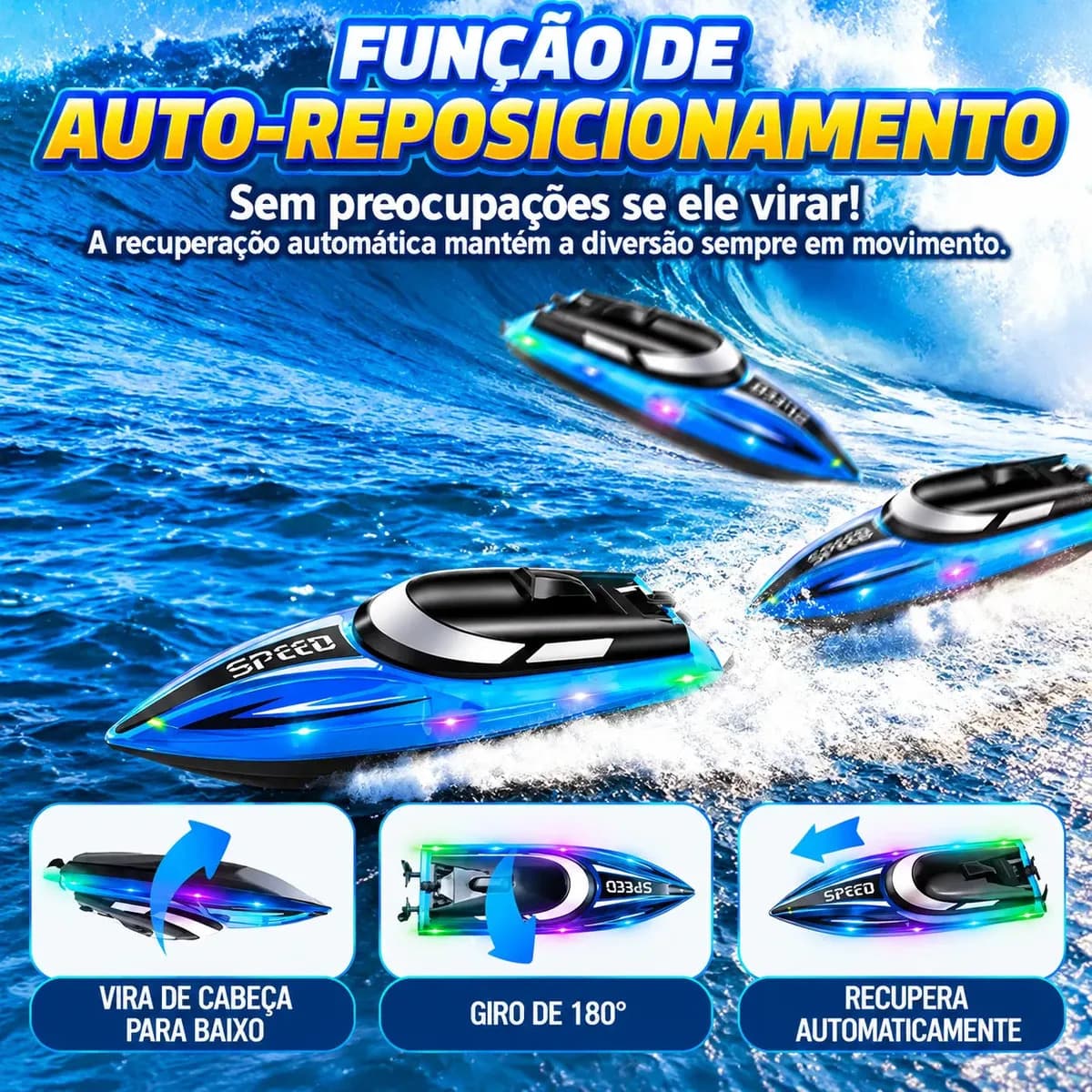 Lancha Barco de Controle Remoto Recarregável 1/16 Hélice Dupla Alcance de 100m Azul HK9 — imagem 3