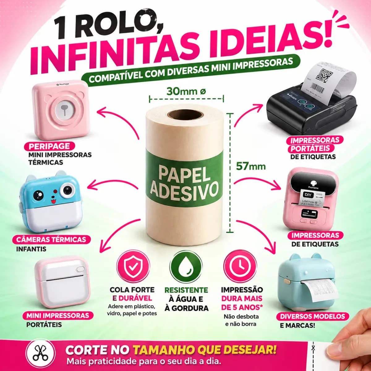 10 Rolos Bobinas Continua Papel Térmico Adesivo 57x30mm para Mini Impressora Portátil, Câmera Infantil que Imprime Fotos, Refil Autocolante Sem Tinta para Etiqu — imagem 3