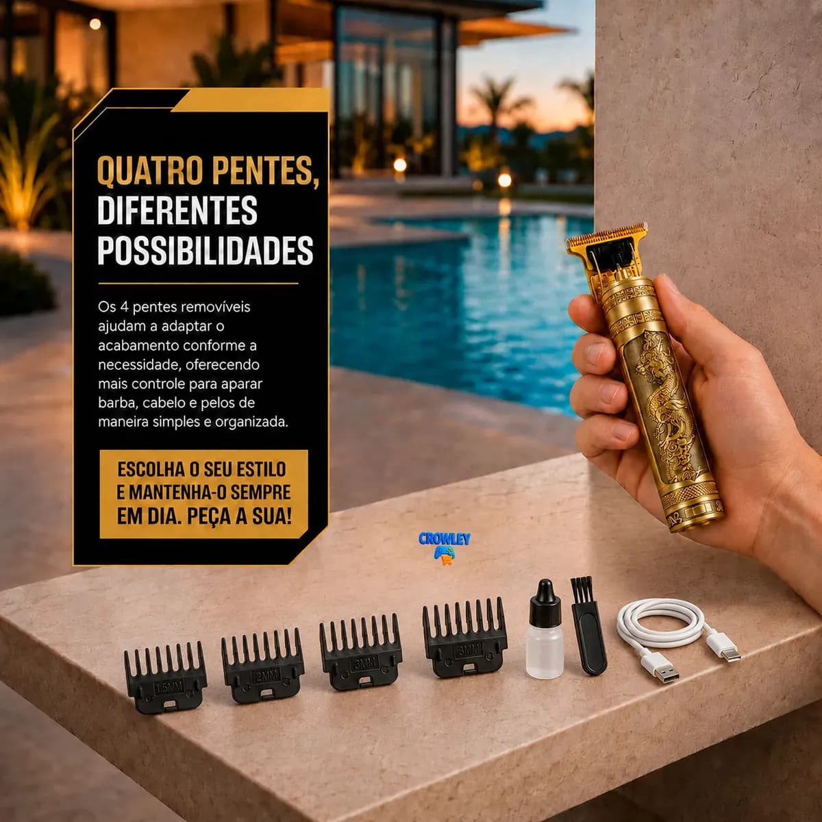 Maquina Maquininha Dragao Acabamento Cortar Cabelo Aparador Barba Pelos Elétrica Sem Fio Recarregavel - Crowley — imagem 4