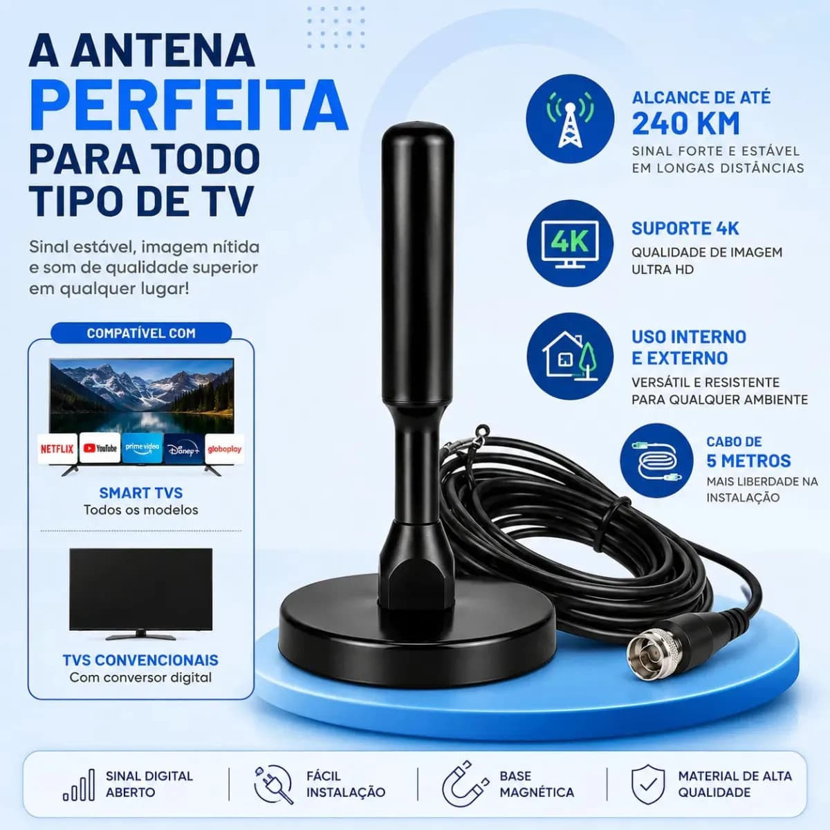 Antena Digital Interna Externa HDTV UHF Com Cabo Longo De 5 Metros Até 240km Com Base Magnetica Distancia Brazuca Cell — imagem 2