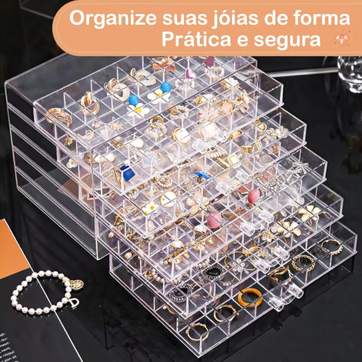 Porta Joias Cadencia Transparente Acrilico 5 Camadas 120 Divisórias — imagem 3