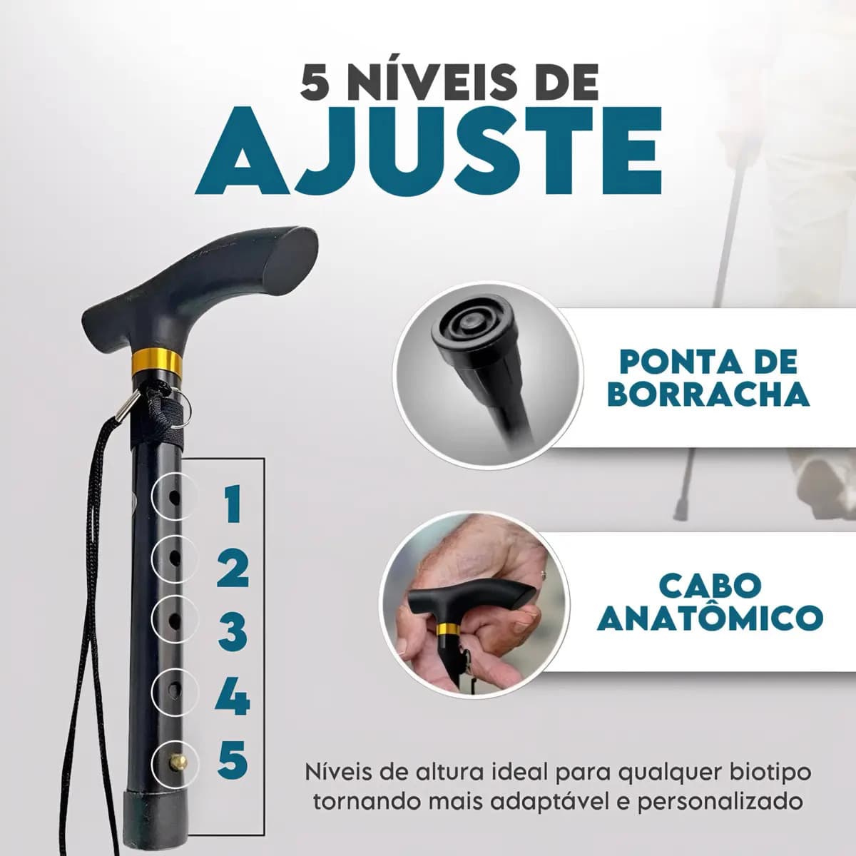 Bengala De Alumínio 6 Ajustes Reforçada Até 130kg Alo Apoios Ortopédicos Stronex — imagem 2
