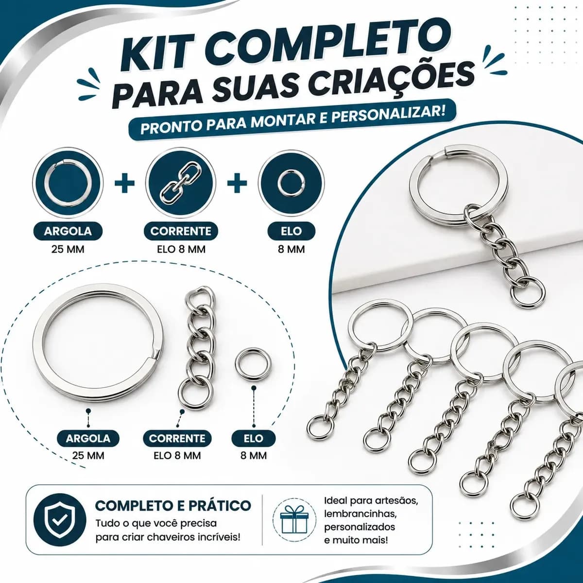 Kit 100 Argolas Italianas Para Chaveiro 25mm Com Corrente E Elo 8mm Prata Addiesdive — imagem 6