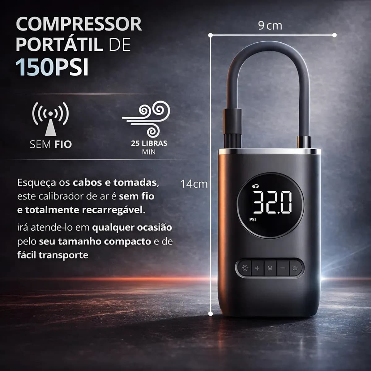 Compressor De Ar Pneu Calibrador Compressor De Pneu Digital Portátil Para Carro Bicicleta E Moto Sem Fio — imagem 2