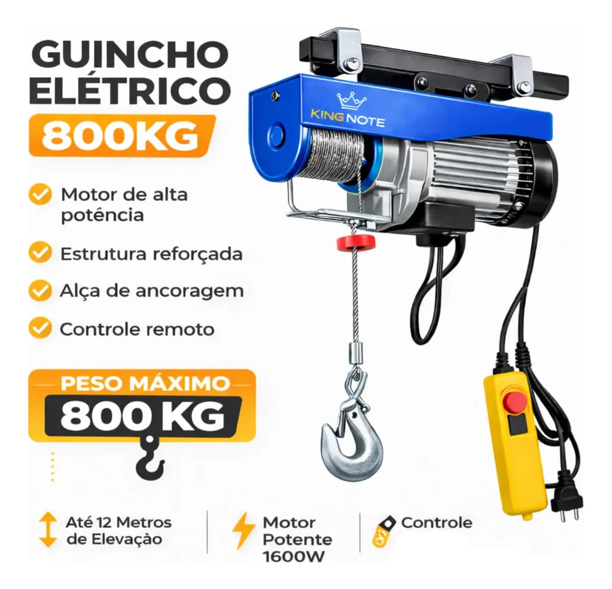 Talha Elétrica 400/800kg Elevação 12m 1500W Guincho de Coluna Cabo de Aço King Note — imagem 3