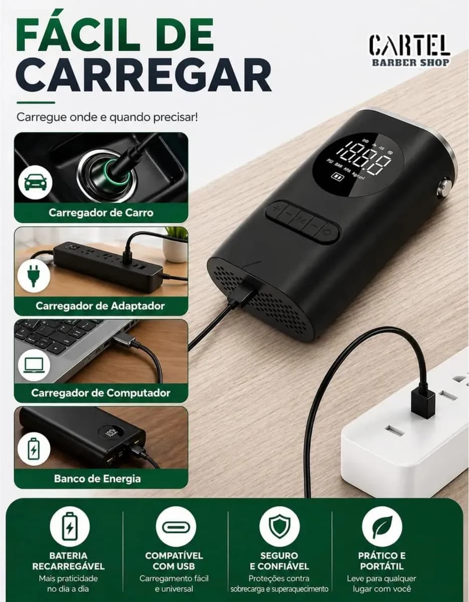 Mini Compressor Digital Portátil Cartel Barber Shop para Carro Moto e Bicicleta com Calibrador Digital Inflador Elétrico de Pneus 12V Display LCD Lanterna LED C — imagem 5