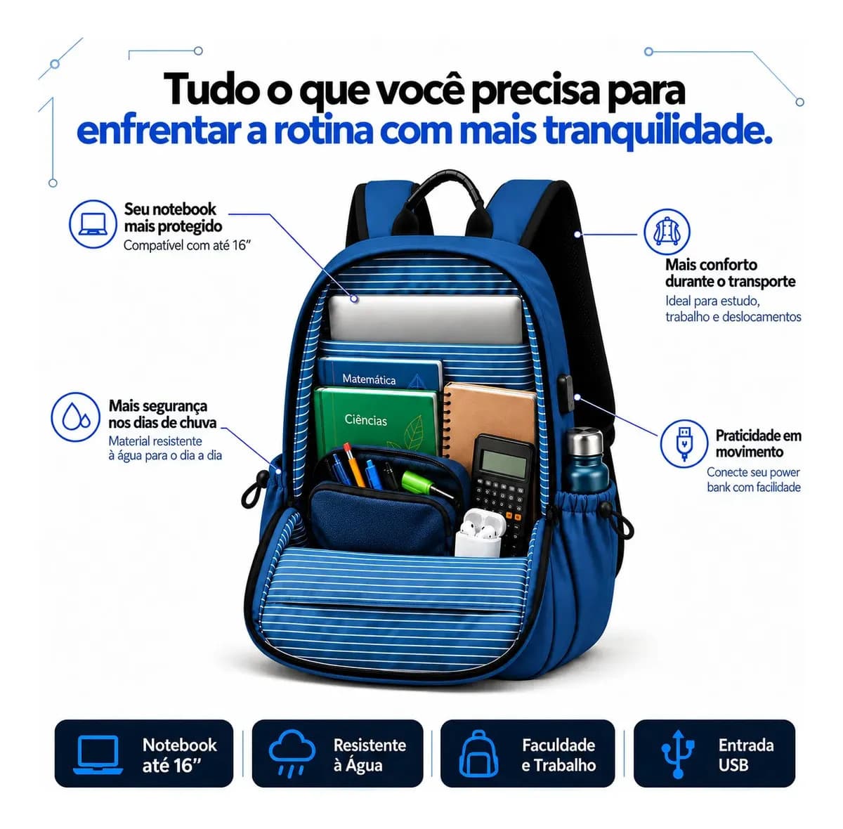 Mochila Masculina 20L Notebook 16 USB Escolar Faculdade Impermeável com Alça Reforçada — imagem 2