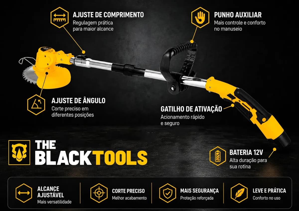 Roçadeira Aparador Grama A Bateria Recarregável 460w Profissional Com Acessórios Tcg12b The Black Tools — imagem 3
