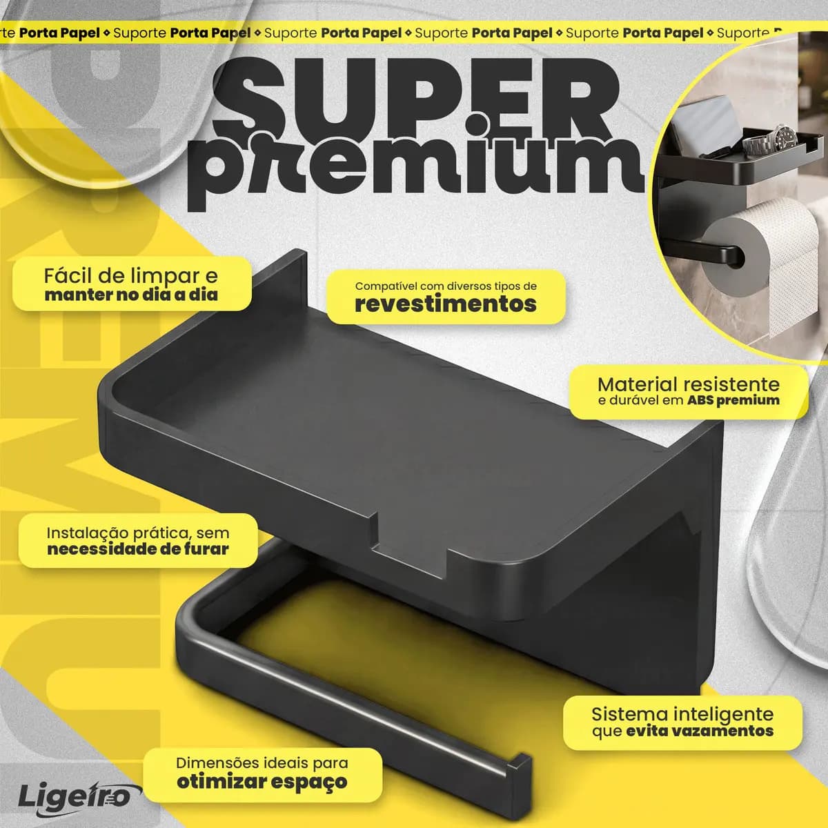Suporte Papel Higiênico Adesivo de Parede com Prateleira Porta Celular Sem Furo Ligeiro — imagem 4