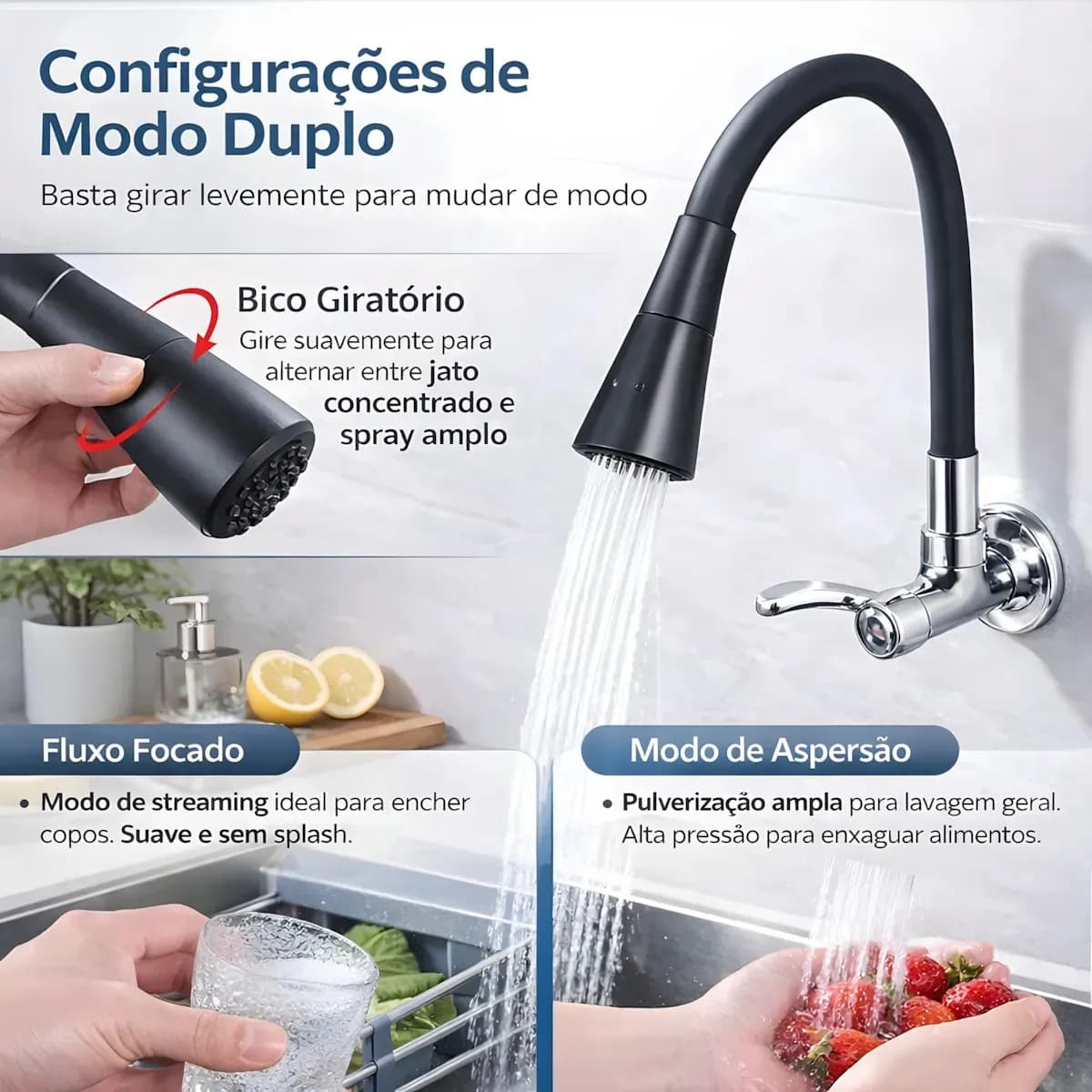 Torneira Gourmet Para Cozinha 2 Jatos Bica Móvel Parede Preta Flexível Jato Cone — imagem 2