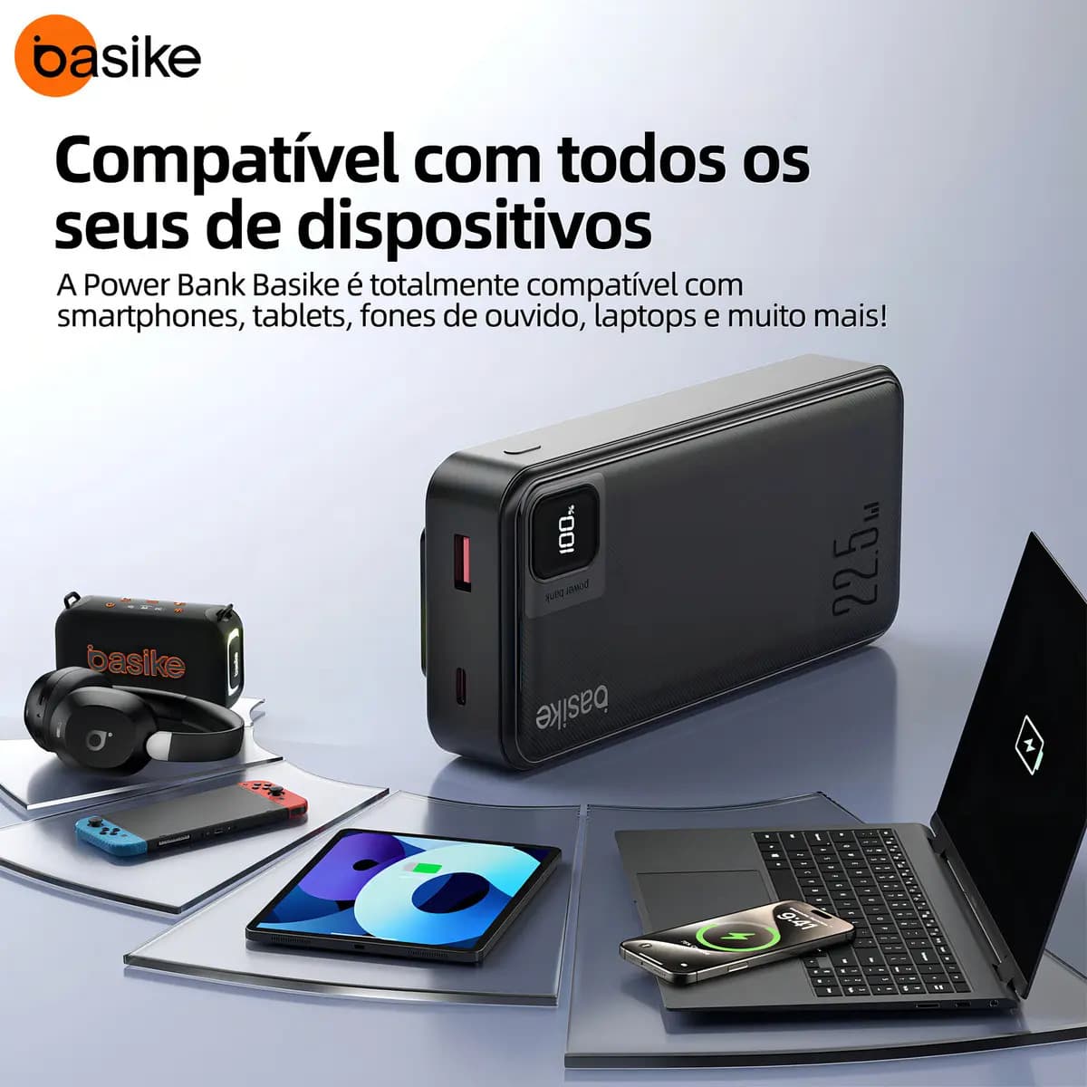 Power Bank Basike 20000mAh Preto, Carga Rápida 22.5W para iPhone e Samsung, Com Cabos Embutidos e Display — imagem 6