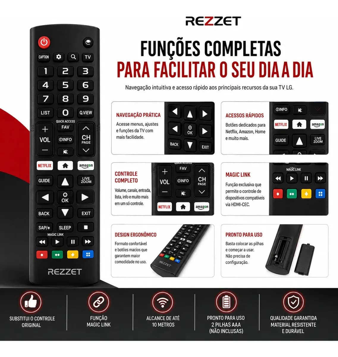 Controle Universal LG Smart TV Rezzet Compatível Com Todos os Modelos Pronto Para Uso Netlix e Prime Video — imagem 3