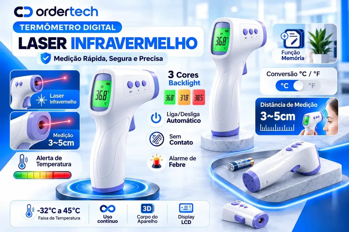 Termômetro Infravermelho Sem Contato Digital Medição Rápida Alta Precisão Display Lcd Memória Alarme Sensor Ordertech — imagem 2