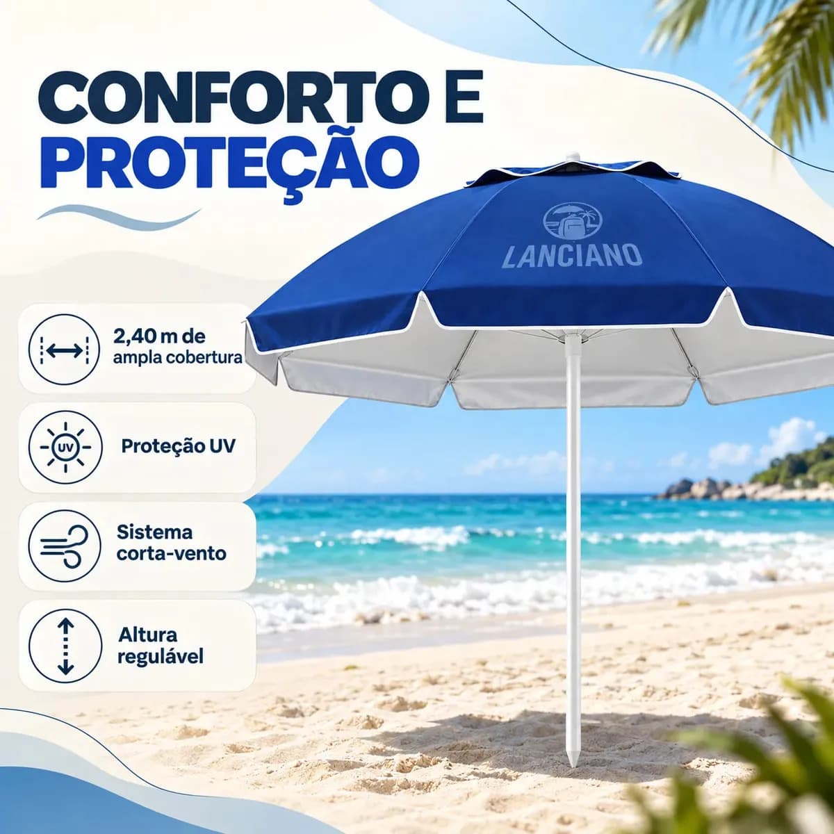 Guarda Sol Praia Grande Gigante 2,40m Proteção UV Corta Vento Respirável Altura Ajustável Verão Piscina Camping Pesca Cor Azul — imagem 2