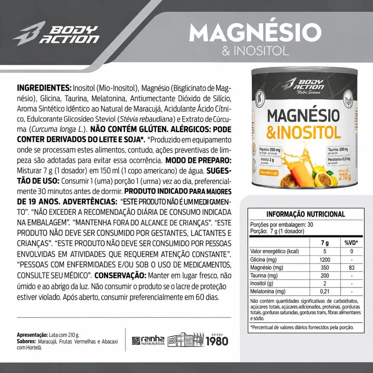 Mineral/Vitamina Bodyaction Nutri Science Magnésio E Inositol Taurina Melatonina 210g em pó sabor Maracujá x 210g — imagem 4
