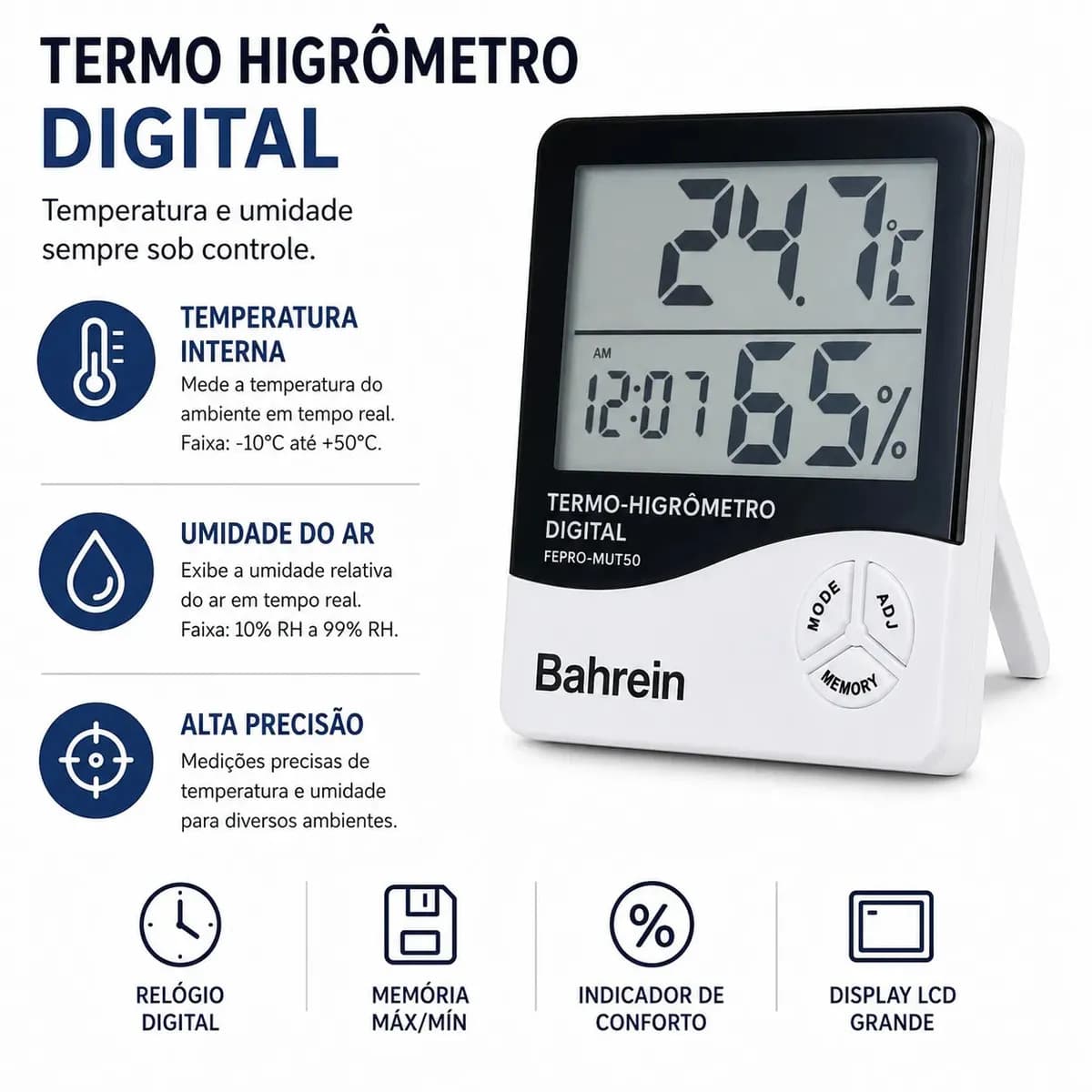 Termo Higrômetro Digital Bahrein para Medir Temperatura e Umidade com Relógio — imagem 2