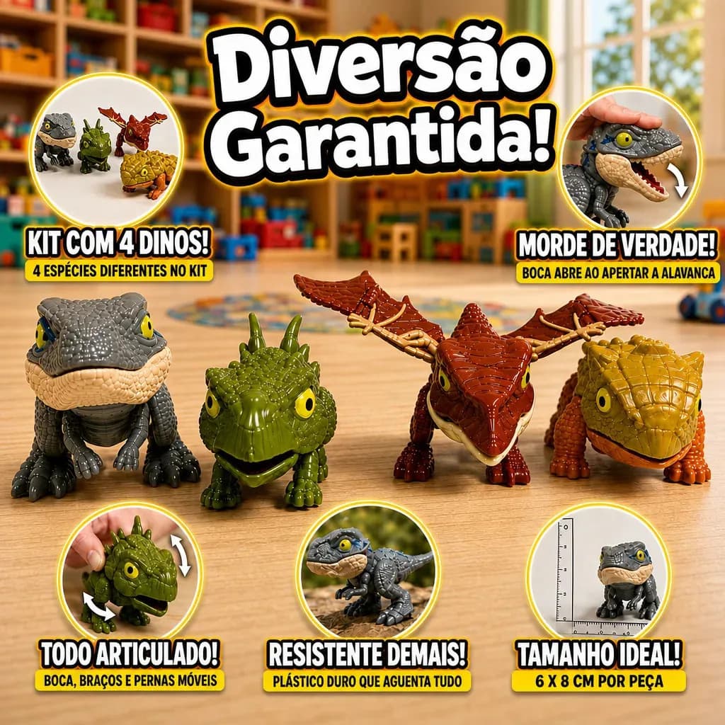 Kit 4 Dinossauros Morde Dedo Mini Miniatura Articulado Colecionável Baby Sensorial Brinquedo Educativo Infantil TEA TDAH T-Rex Velociraptor Presente Criança Men — imagem 2