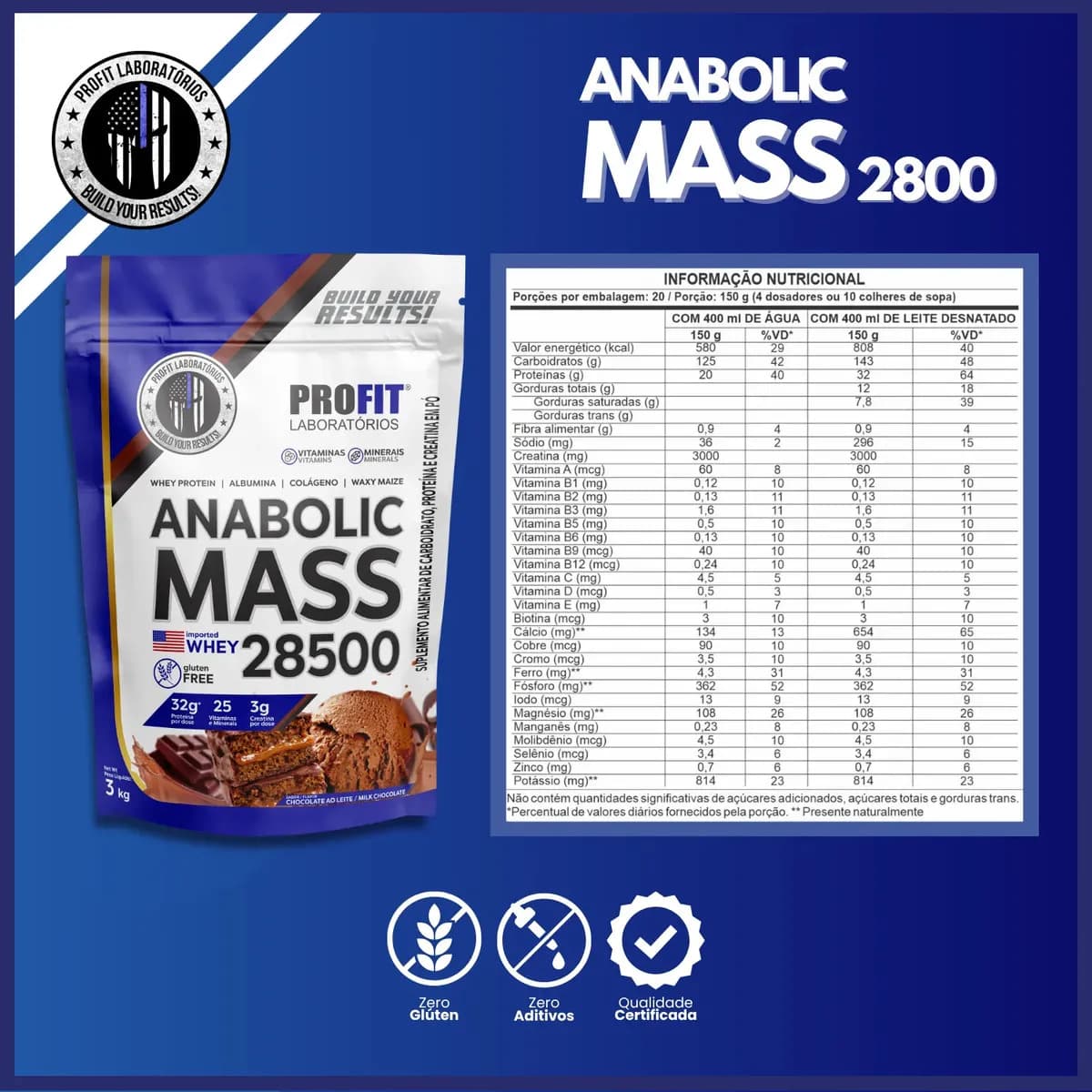 Anabolic Mass 28500 3kg Profit Labs Sabor Chocolate — imagem 2
