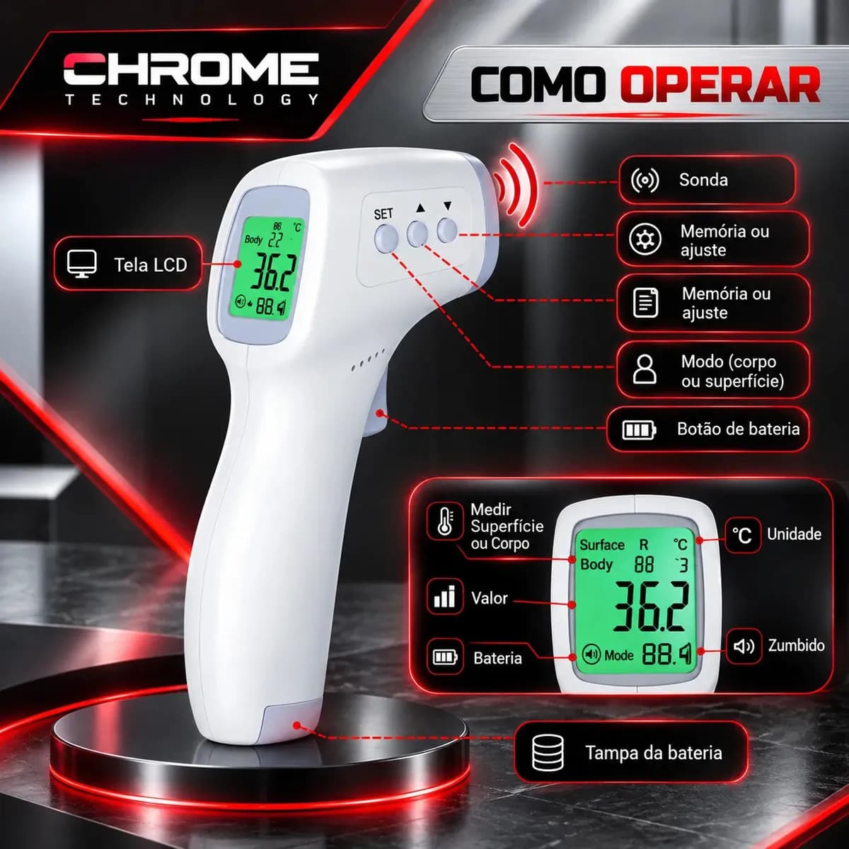 Termômetro Infravermelho Sem Contato Digital Medição Rápida Alta Precisão Display Lcd Memória Alarme Sensor Chrome Technology — imagem 3