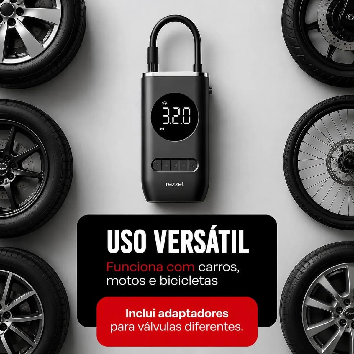 Mini Compressor Digital Portátil para Carro Moto e Bicicleta com Calibrador Digital Inflador Elétrico de Pneus LCD Lanterna LED Compacto e Recarregável Preto Ma — imagem 2