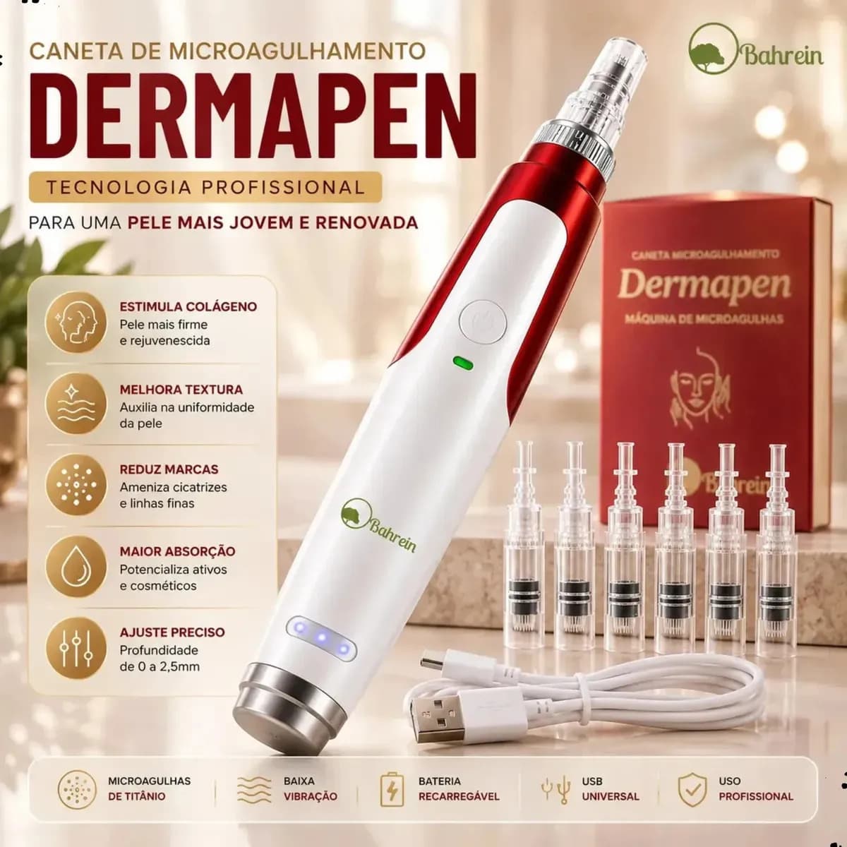 Caneta Microagulhamento Dermapen Portátil Com 5 Cartuchos E Carregador Microagulhamento Facial Derma Pen Caneta Dermapen Microagulhamento Bivolt Titânio 2.5mm P