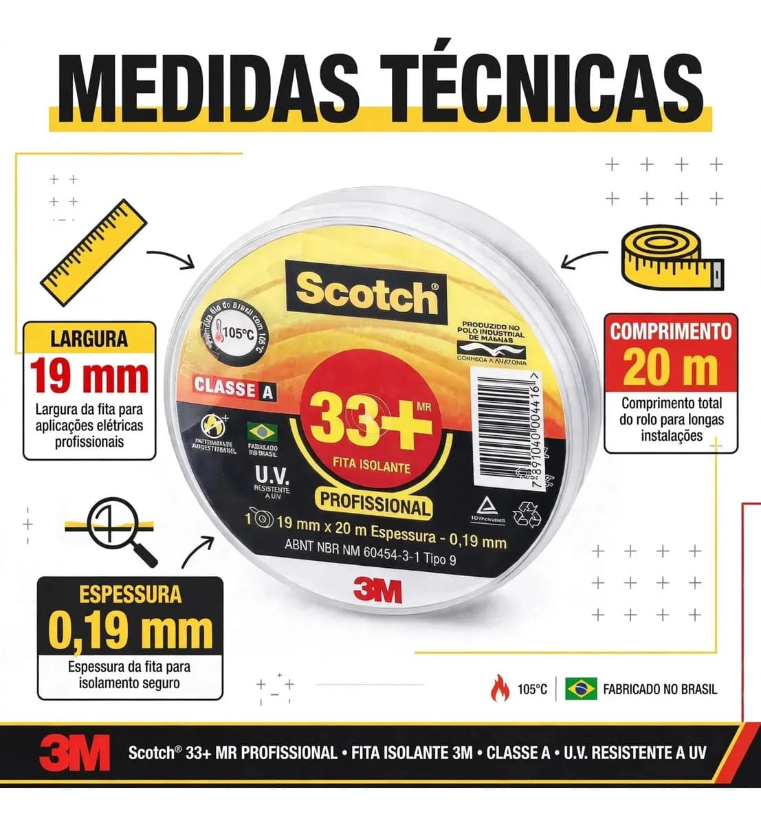 3M 33+ Cor Preto Fita Isolante Scotch 19mm Com 20m — imagem 2