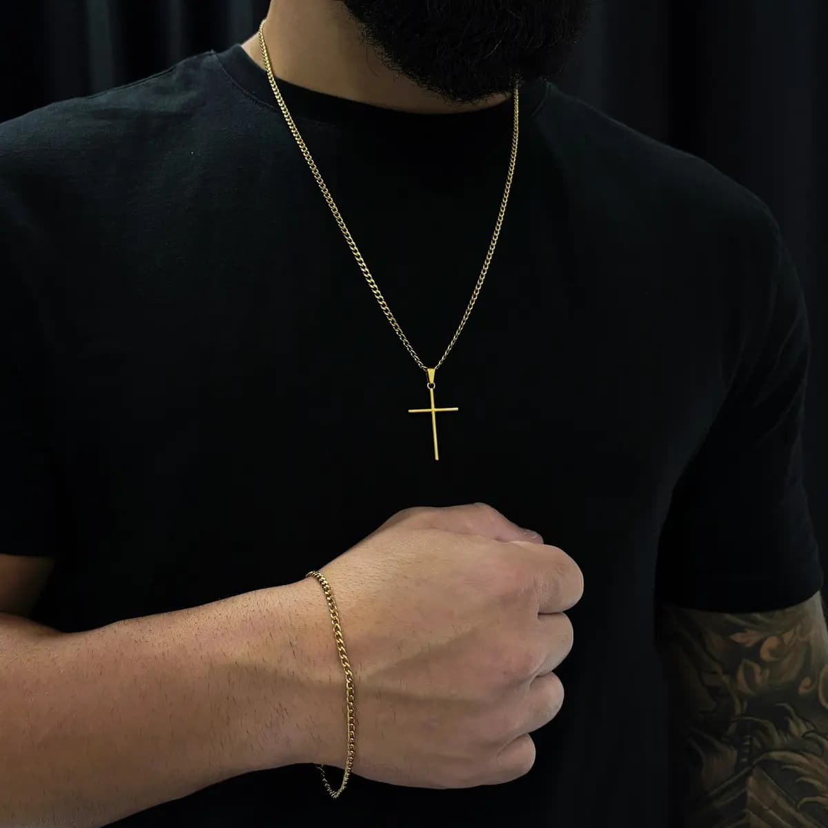 Corrente Cordão Masculino Aço Inox Banhado A Ouro 18k + Pulseira E Pingente Cruz Crucifixo Correntinha Masculina Grumet Gourmet 1x1 Banhada Escama De Peixe Esca — imagem 5