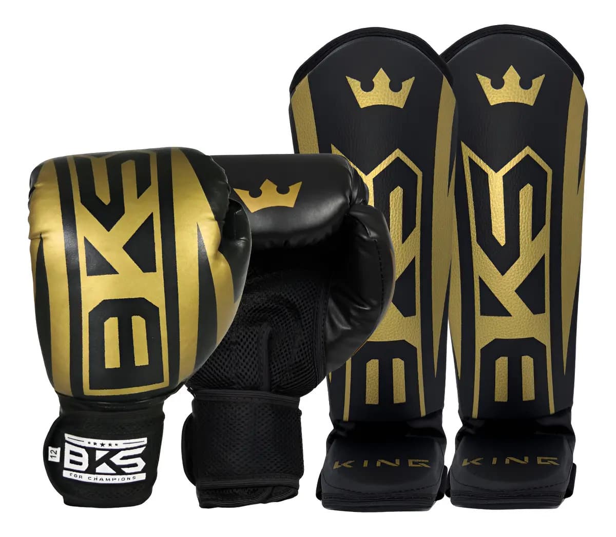 Luva Muay Thai Boxe Kickboxing Sparring + Caneleira Bks Cor Dourado Tamanho 14oz