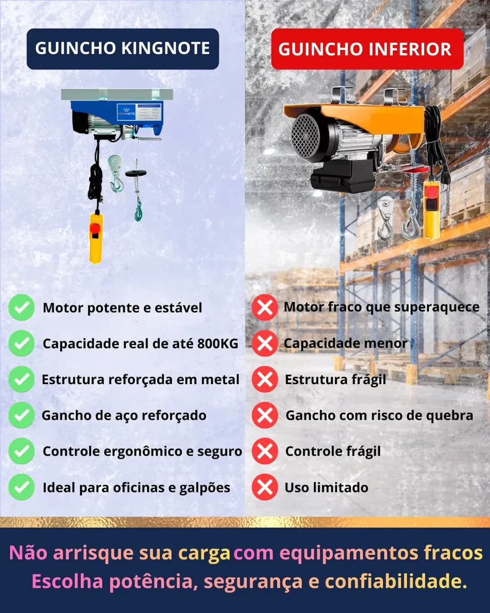 Talha Elétrica 400/800kg Elevação 12m 1500W Guincho de Coluna Cabo de Aço King Note — imagem 6